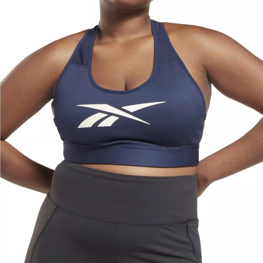 Reebok Womens Sports Bra 2X Navy Blue Lux Vector Racer Mesh Cutout Plus Size NWT